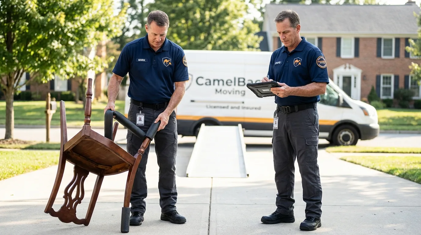 Movers inspecting furniture for damage prevention before loading in Nipomo, CA